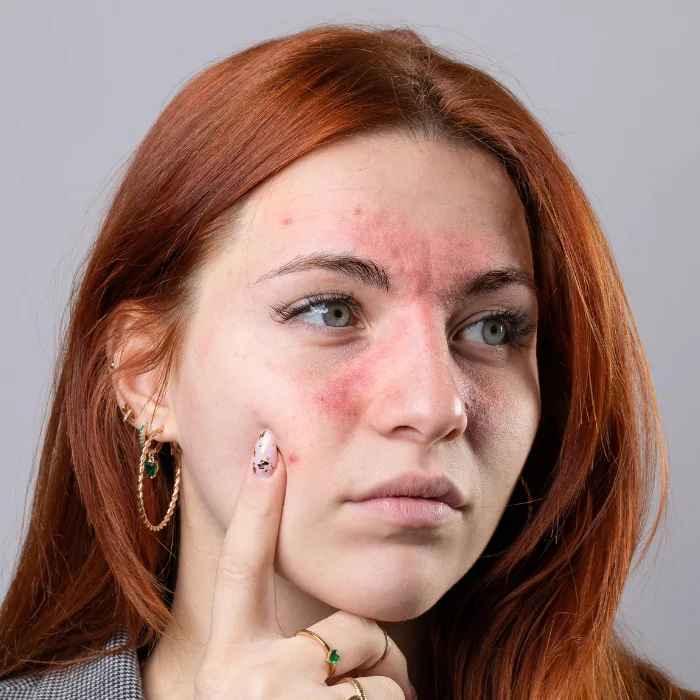 Joven con enrojecimiento y brotes visibles de rosácea en mejillas y frente. Clínica Alcolea ofrece tratamientos médicos para pieles sensibles con rosácea en Barcelona