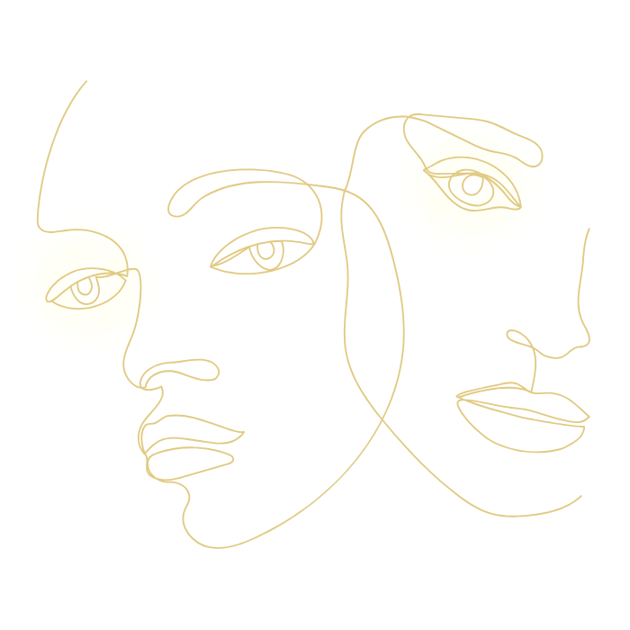 ilustracion-linea-rostros-clinica-alcolea (2) Ilustración minimalista en líneas doradas de dos rostros femeninos que simbolizan la armonía y la belleza facial en los tratamientos médico-estéticos de Clínica Alcolea