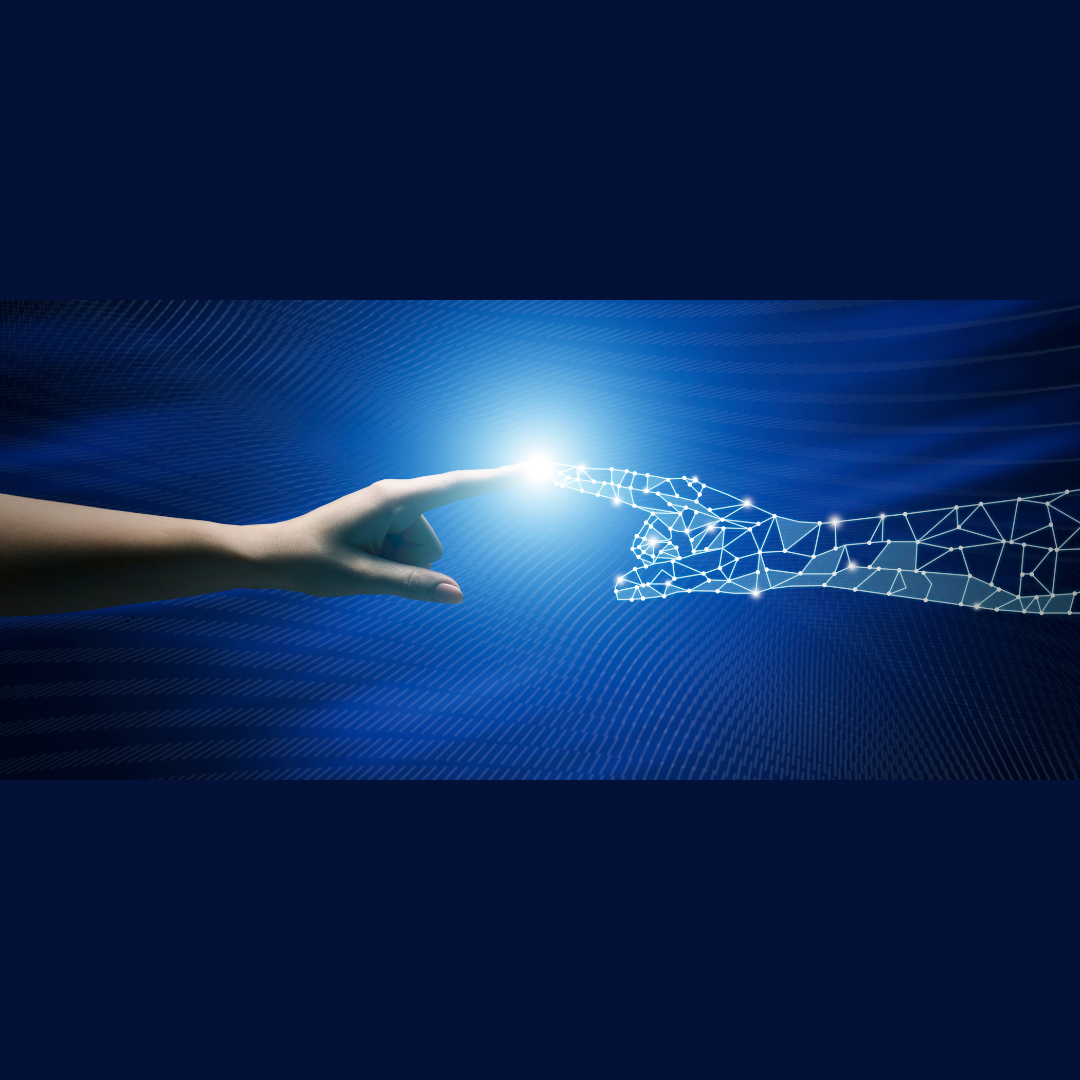 Interacción entre mano humana y tecnología digital como representación de la inteligencia artificial aplicada a la medicina estética bajo criterio médico.
