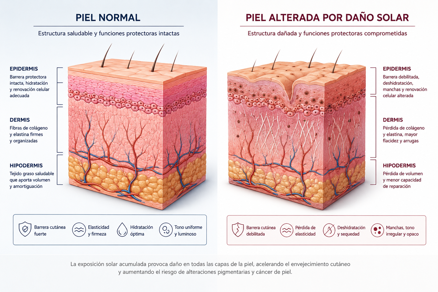 Infografía médica que muestra cómo una exposición solar excesiva provoca daño en el ADN celular, inflamación, producción de radicales libres, alteración del colágeno y respuesta defensiva mediante la producción de melanina.