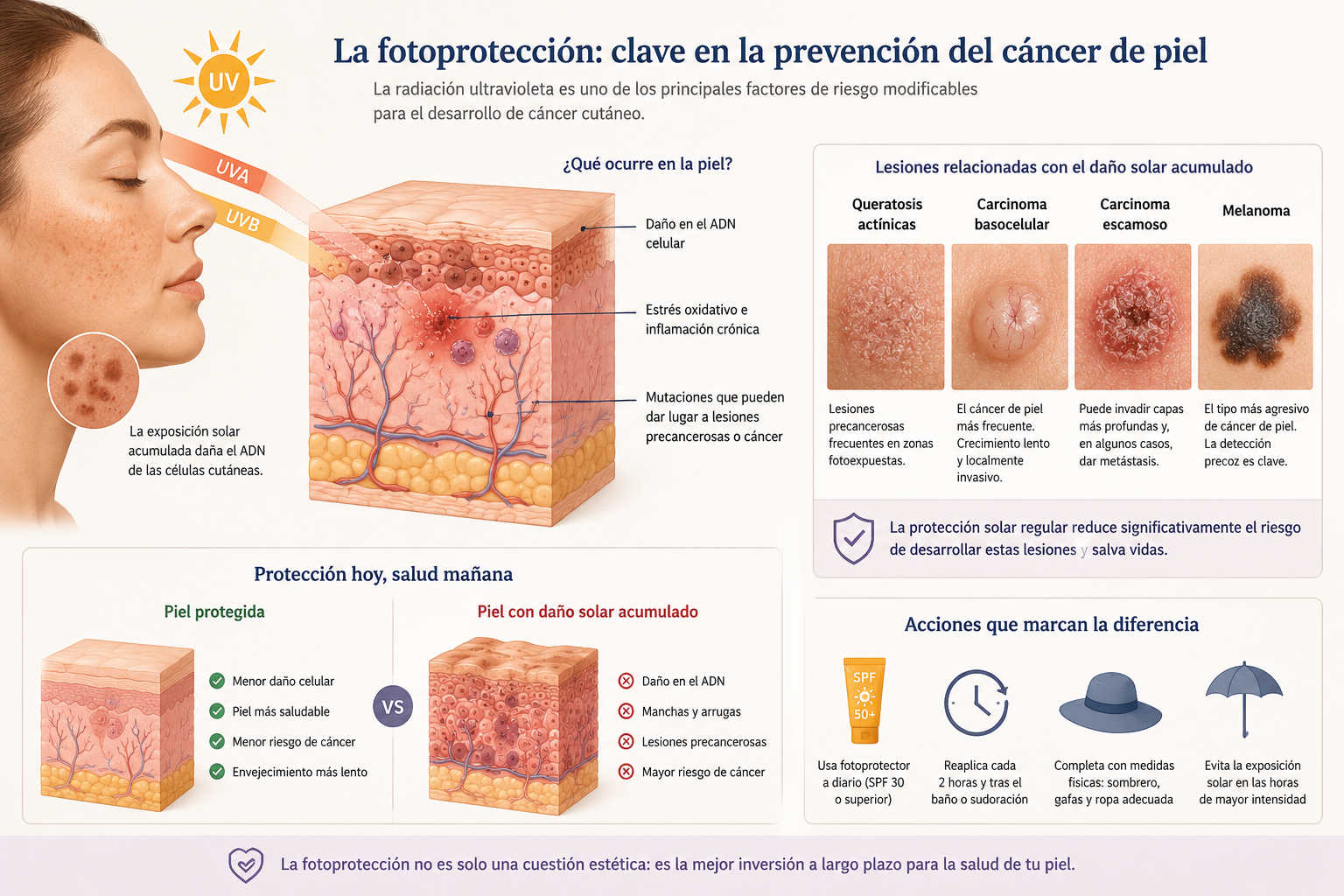 Infografía sobre fotoprotección, daño solar acumulado y prevención del cáncer cutáneo, incluyendo queratosis actínicas, carcinoma basocelular, carcinoma escamoso y melanoma.