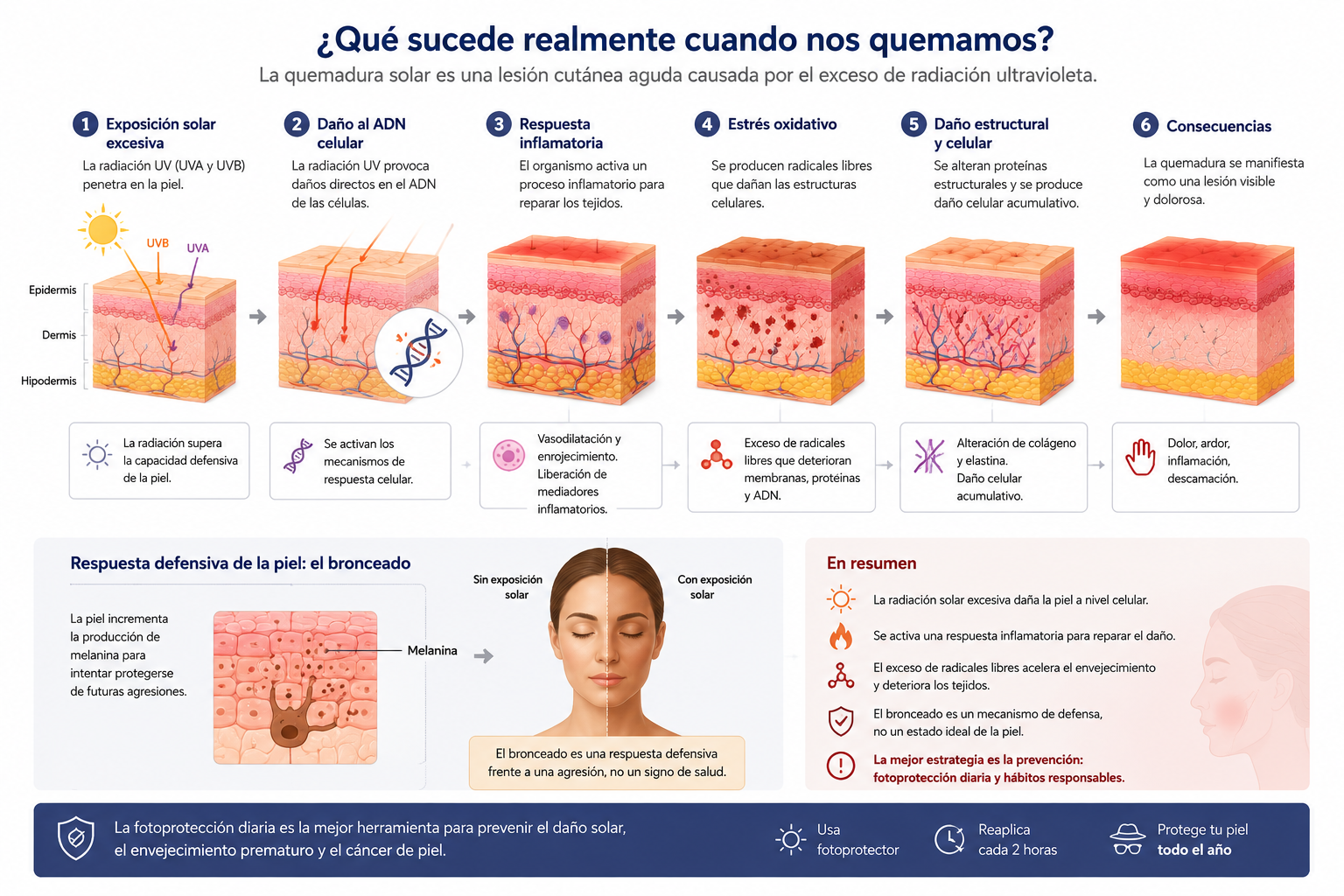 Infografía médica que muestra qué sucede en la piel durante una quemadura solar: exposición a radiación UV, daño celular, inflamación, producción de radicales libres, alteración del colágeno y respuesta defensiva mediante la producción de melanina.