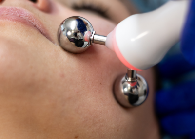 Aplicador de microcorrientes de Aquapure sobre la mejilla durante un tratamiento facial.